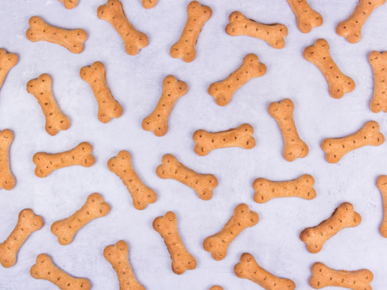 Süßkartoffel Leckerlies in Hundeknochen-Form auf dem weißen Backpapier sehen sehr lecker aus.