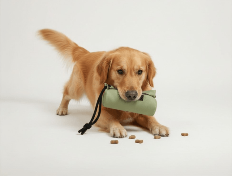 Hund mit Futterdummy beim Hundetraining