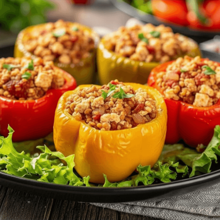 Gefüllte Paprika vegan mit gekrümeltem Tofu in roten und gelben Paprikas