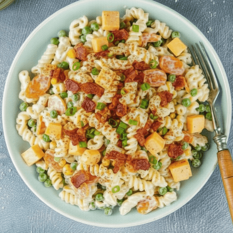 Nudelsalat American Style angerichtet in Schüssel als Beilage zum Grillen