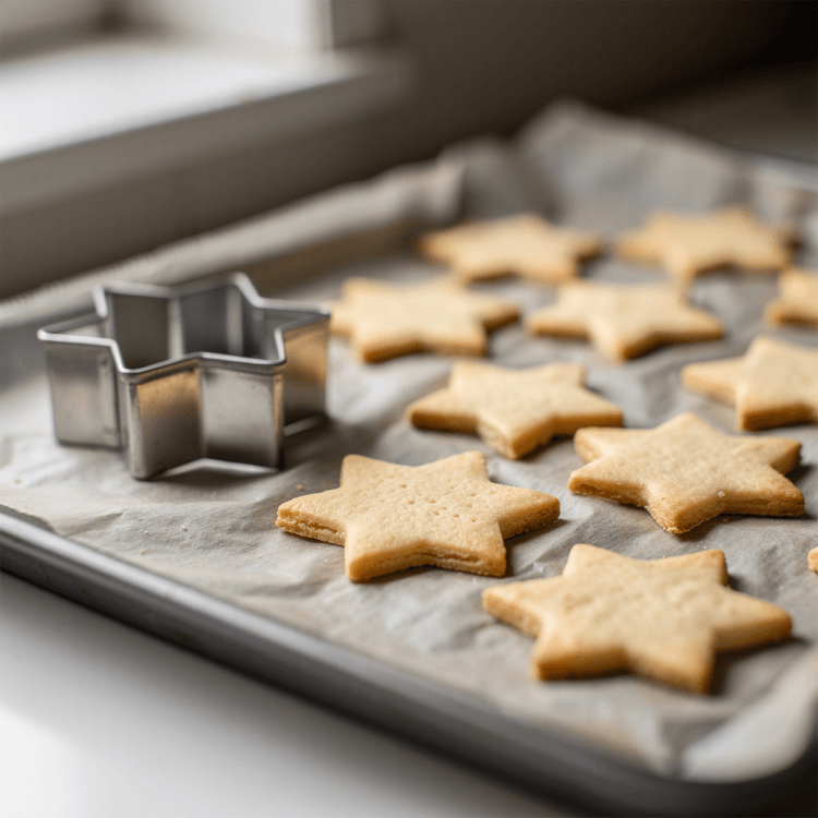 Nussfreie Butterkekse ohne Mehl in Sternform auf einem Backblech, daneben ein Sternausstecher
