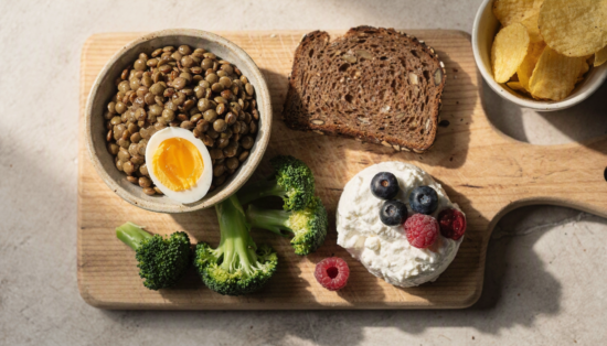 Linsen, Ei, Quark mit Beeren, Brokkoli und Vollkornbrot auf einem Holzbrett sind, daneben Chips als Kontrast.